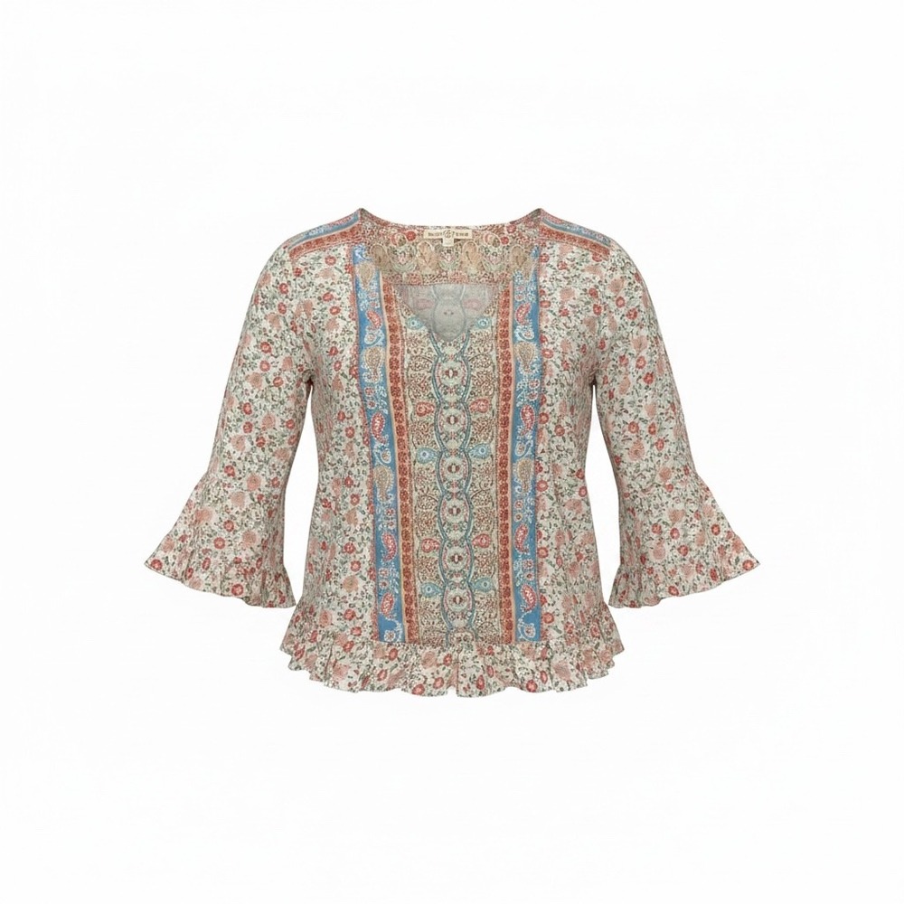Rose & Thyme Women Medium Boho Floral Paisley V-Neck Bell Sleeve Ruffle Top